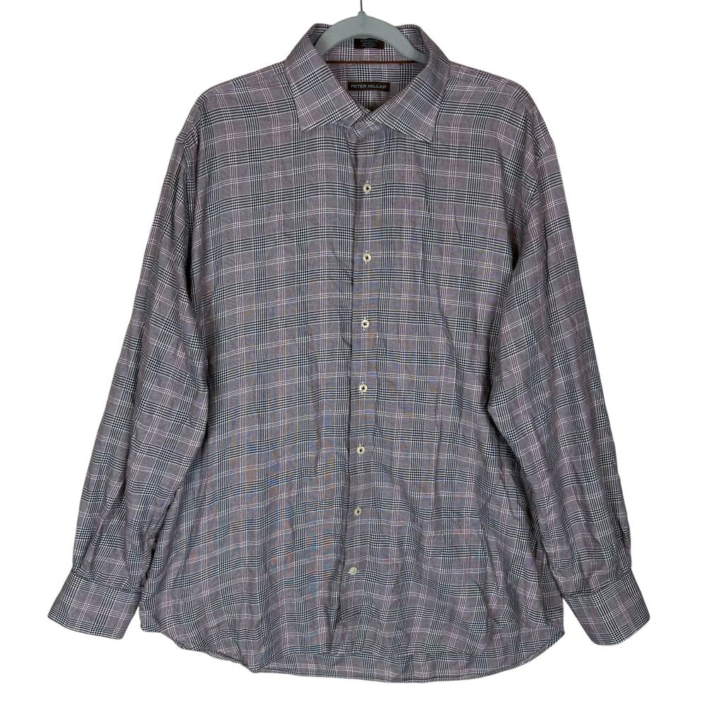 Peter Millar Shirt Mens XL Gray Houndstooth 100% Cotton‎ Long Sleeve Button-Up